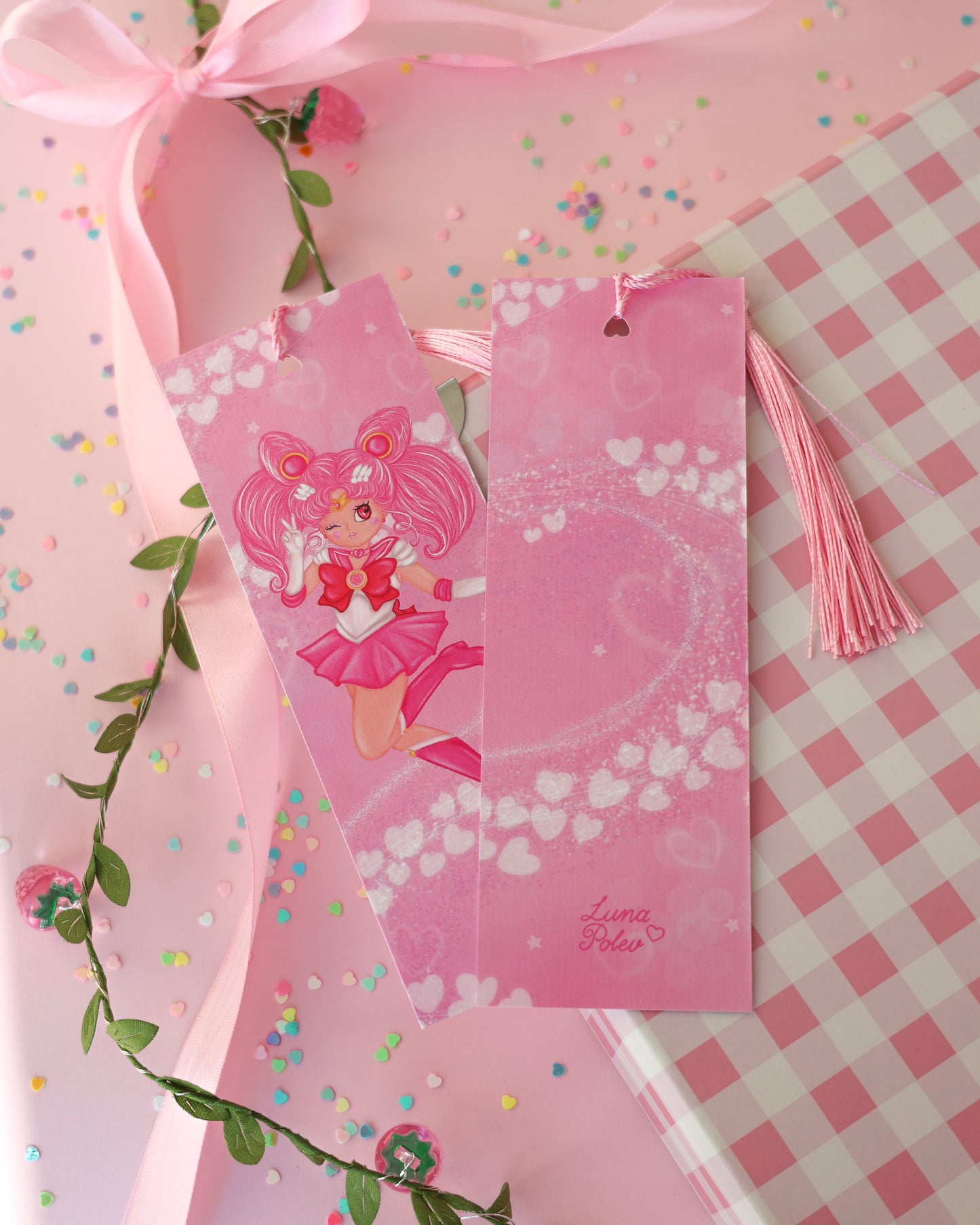 Marcapáginas con Borlitas ChibiMoon · Papel Nacarado 300gm